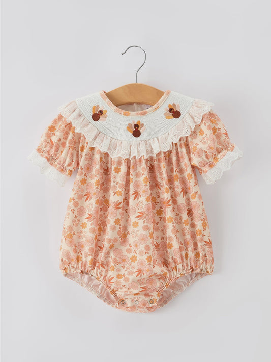 Thanksgiving Turkey Floral Lace Bubble Girls Romper