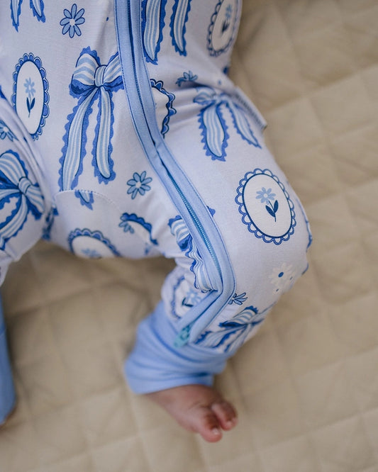 Blue Bow Bamboo Zip Romper